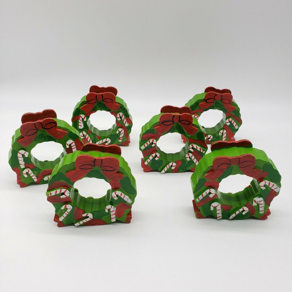 (6)  Wooden Christmas Wreath Napkin Ring Holders Green Red Xmas